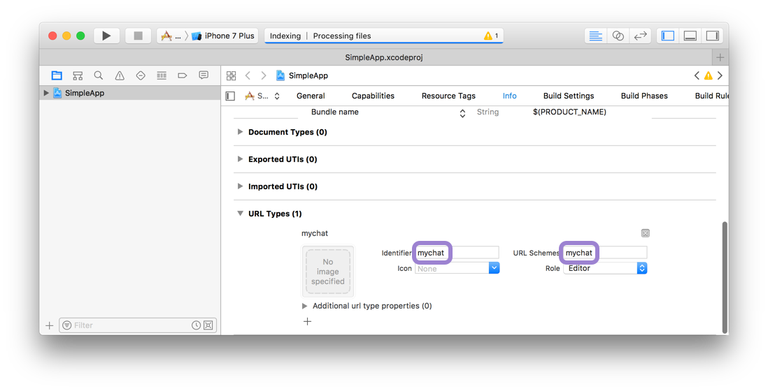 Xcode project info URL types with mychat added